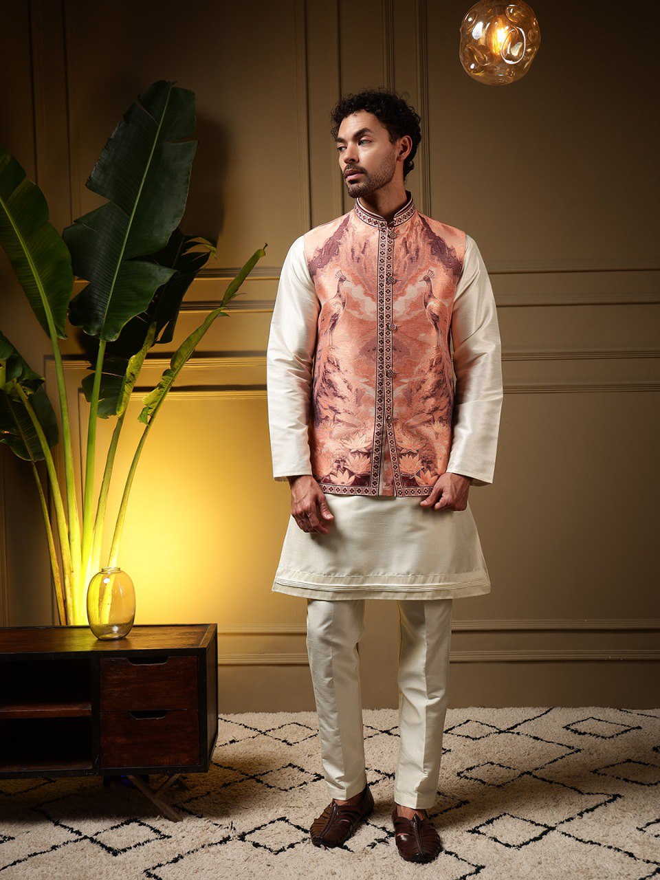 Peach Pure Soft Jacquard 3D Weaving Kurta Pajama with Koti Jacket
