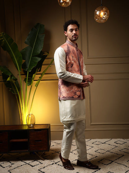 Peach Pure Soft Jacquard 3D Weaving Kurta Pajama with Koti Jacket