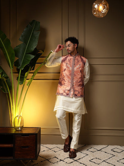 Peach Pure Soft Jacquard 3D Weaving Kurta Pajama with Koti Jacket