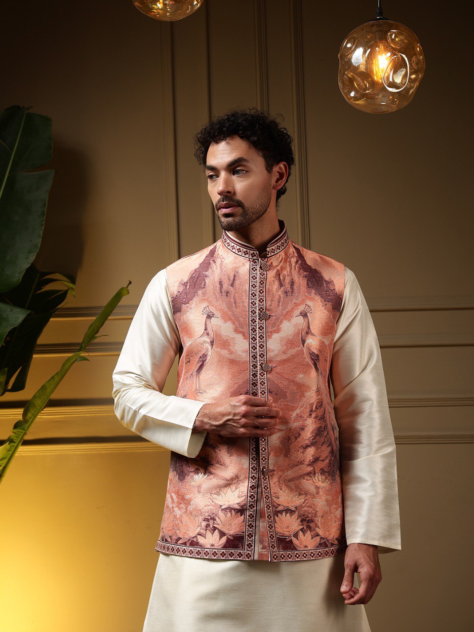 Peach Pure Soft Jacquard 3D Weaving Kurta Pajama with Koti Jacket