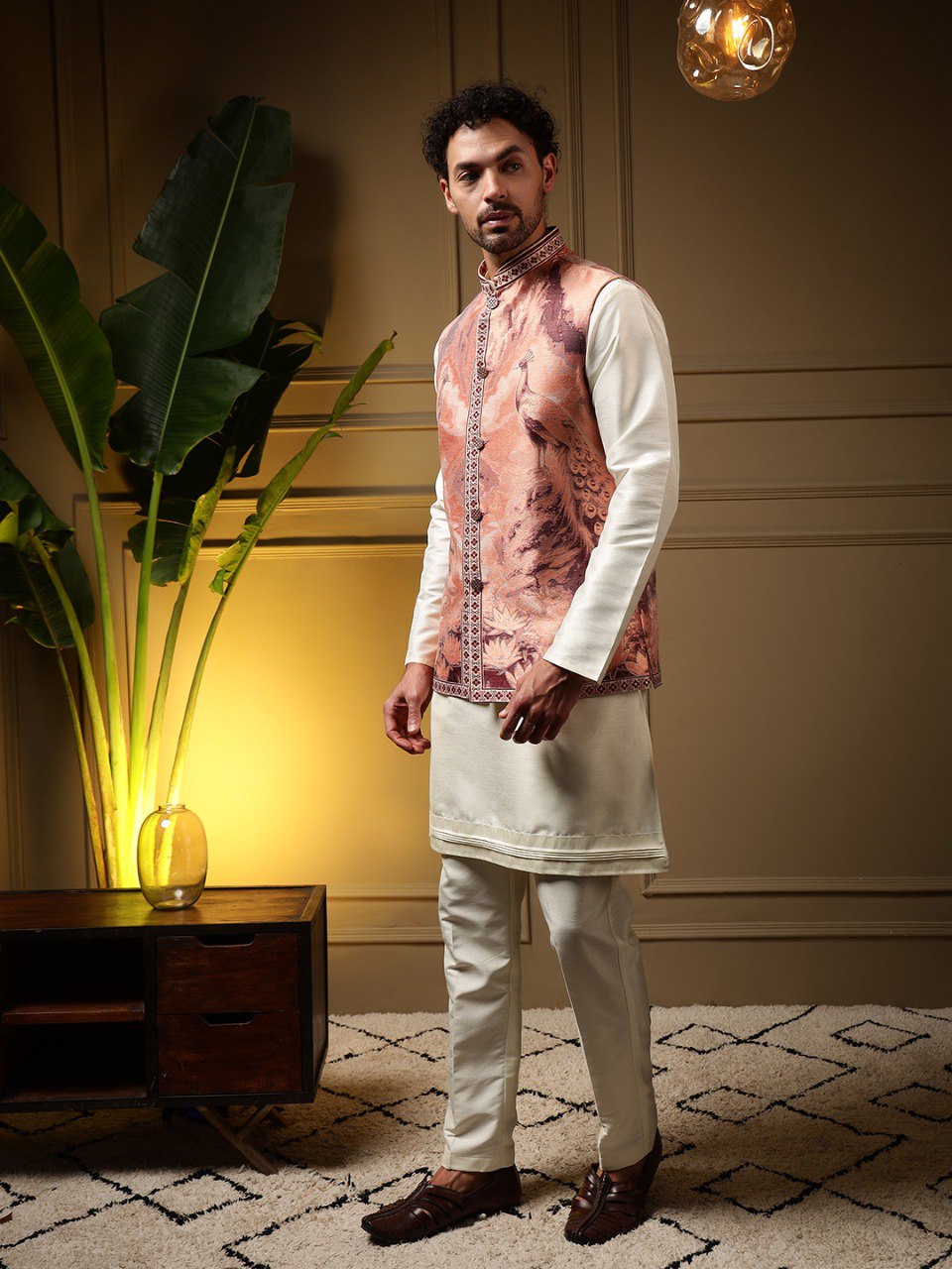 Peach Pure Soft Jacquard 3D Weaving Kurta Pajama with Koti Jacket