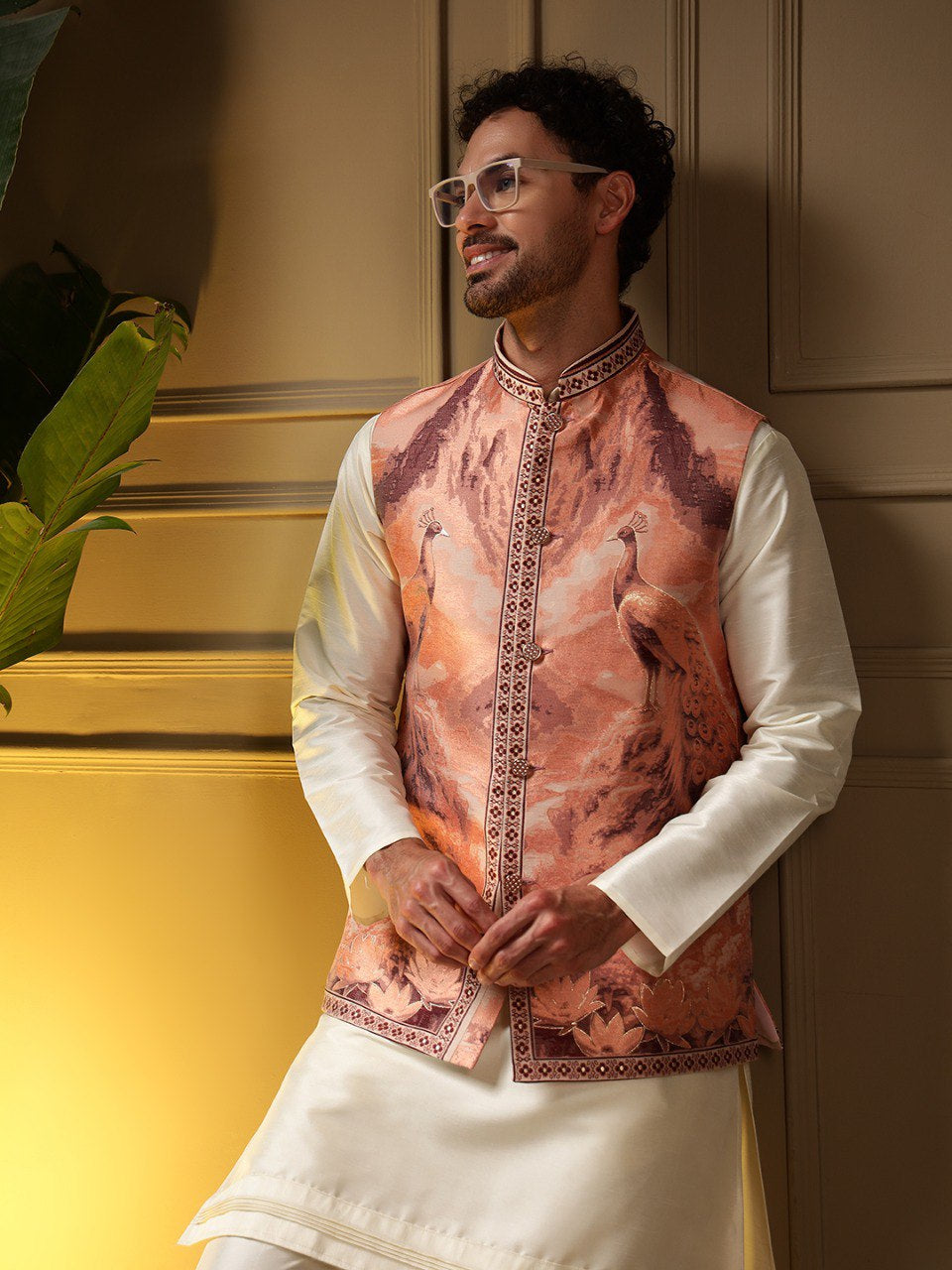 Peach Pure Soft Jacquard 3D Weaving Kurta Pajama with Koti Jacket