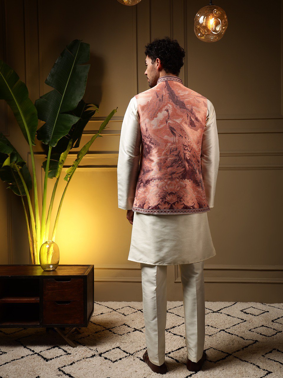 Peach Pure Soft Jacquard 3D Weaving Kurta Pajama with Koti Jacket