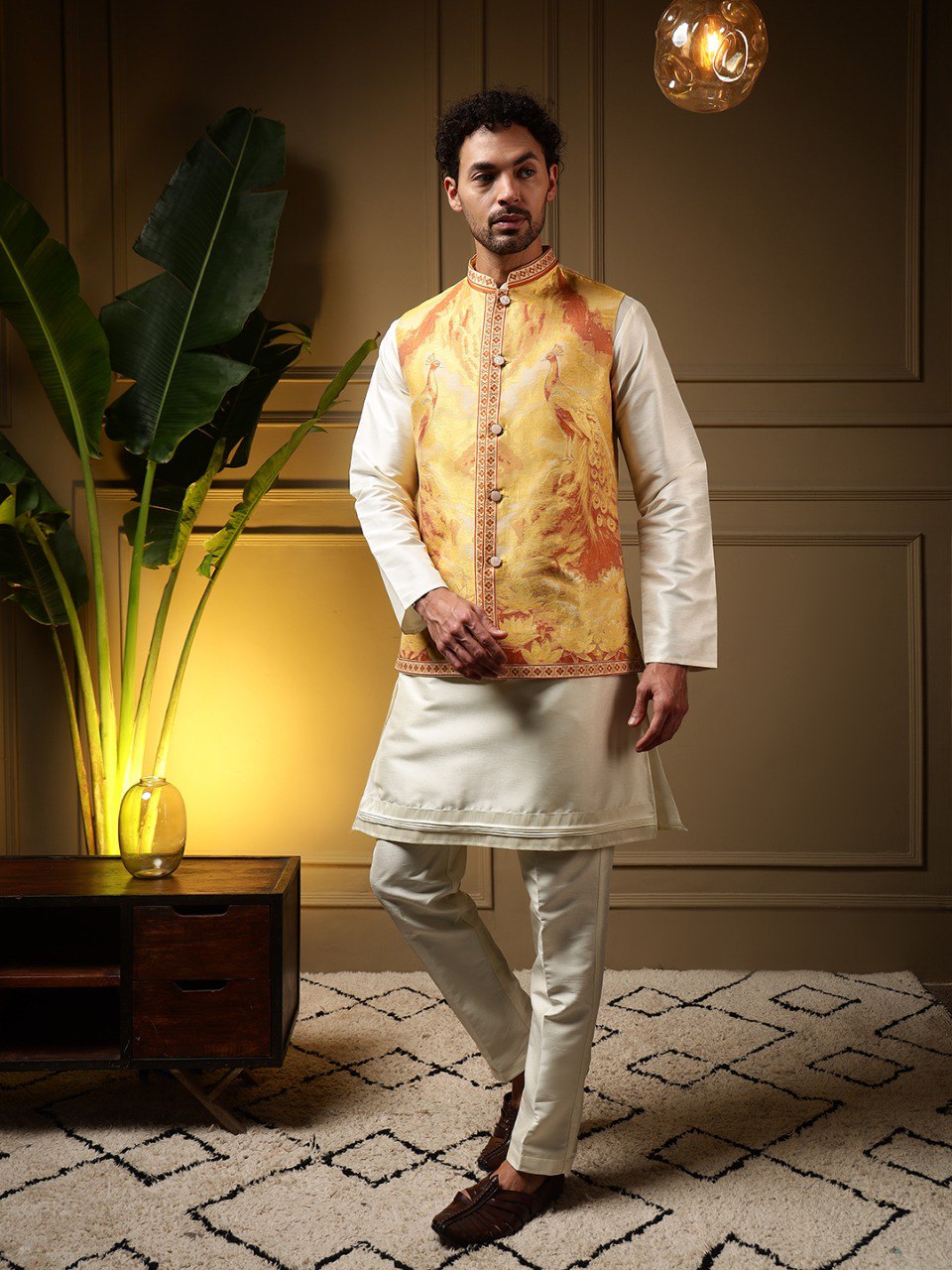 Yellow Pure Soft Jacquard 3D Weaving Kurta Pajama with Koti Jacket