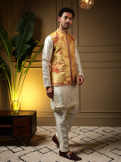 Yellow Pure Soft Jacquard 3D Weaving Kurta Pajama with Koti Jacket