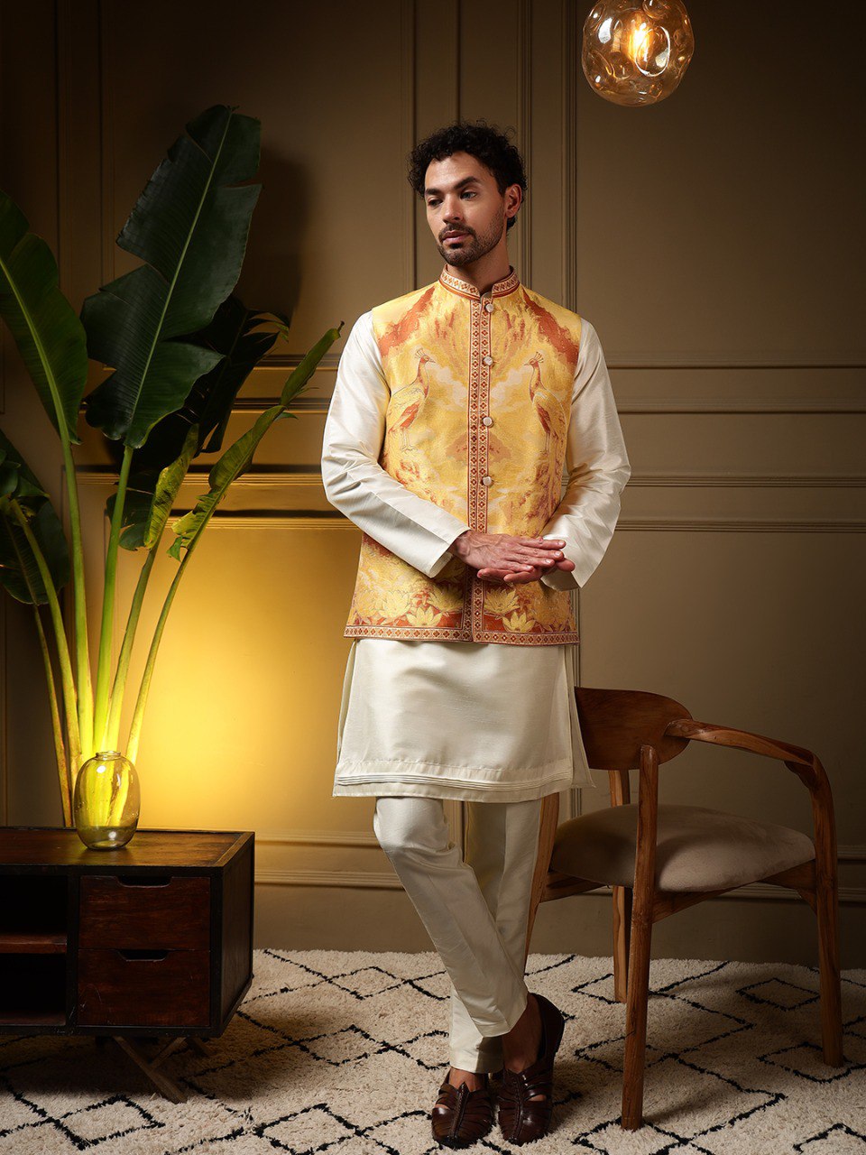 Yellow Pure Soft Jacquard 3D Weaving Kurta Pajama with Koti Jacket