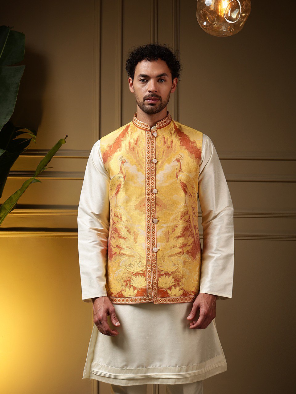 Yellow Pure Soft Jacquard 3D Weaving Kurta Pajama with Koti Jacket