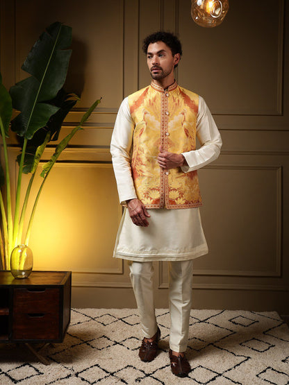 Yellow Pure Soft Jacquard 3D Weaving Kurta Pajama with Koti Jacket