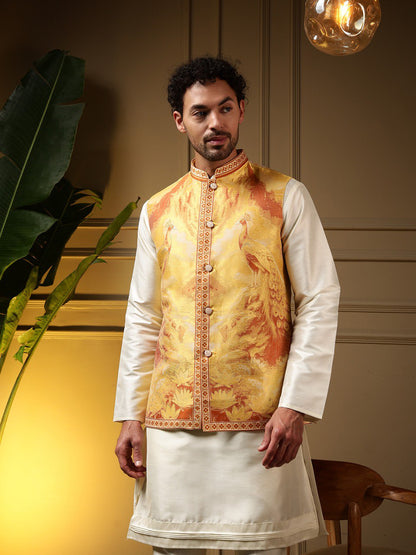 Yellow Pure Soft Jacquard 3D Weaving Kurta Pajama with Koti Jacket
