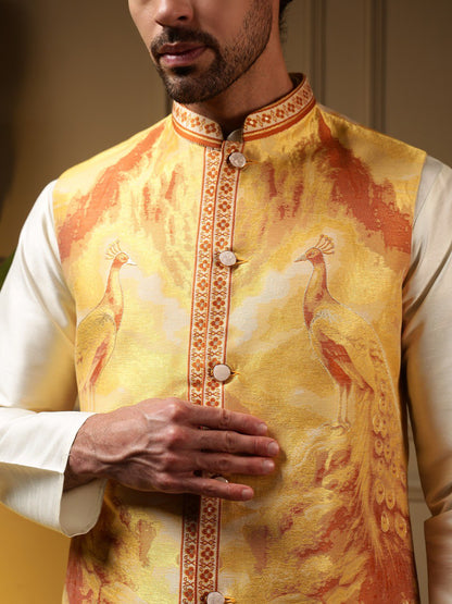 Yellow Pure Soft Jacquard 3D Weaving Kurta Pajama with Koti Jacket