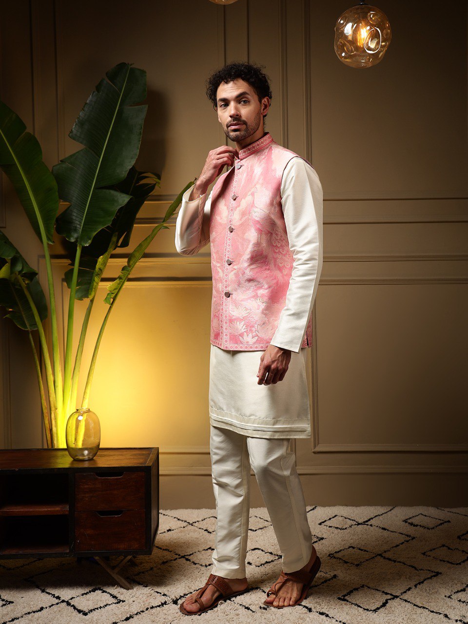 Pink Pure Soft Jacquard 3D Weaving Kurta Pajama with Koti Jacket