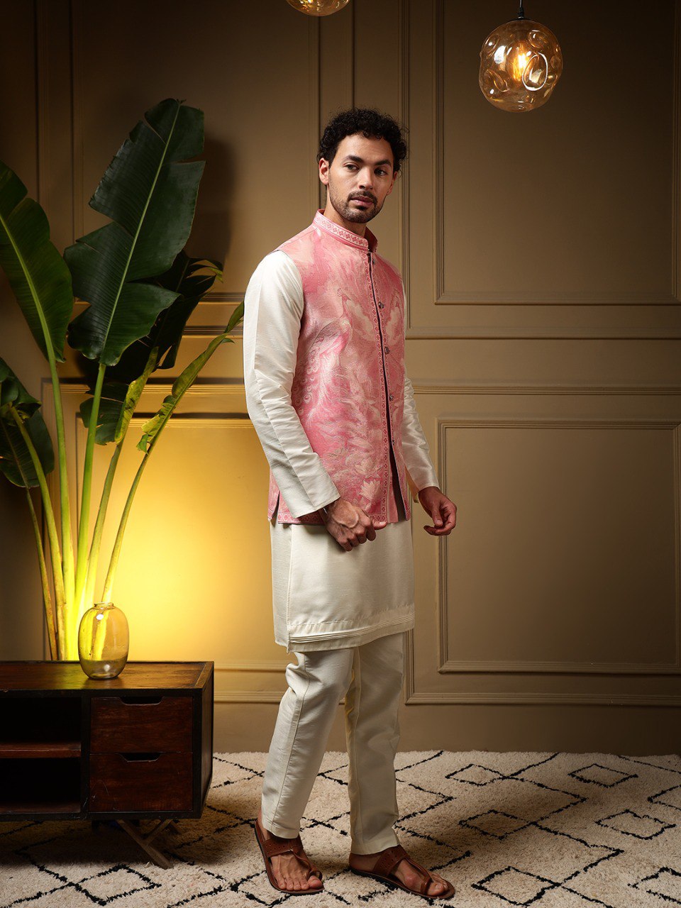 Pink Pure Soft Jacquard 3D Weaving Kurta Pajama with Koti Jacket