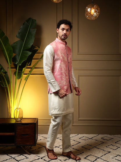 Pink Pure Soft Jacquard 3D Weaving Kurta Pajama with Koti Jacket