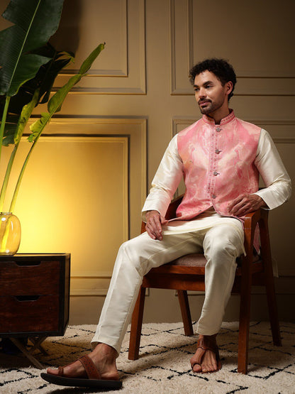 Pink Pure Soft Jacquard 3D Weaving Kurta Pajama with Koti Jacket