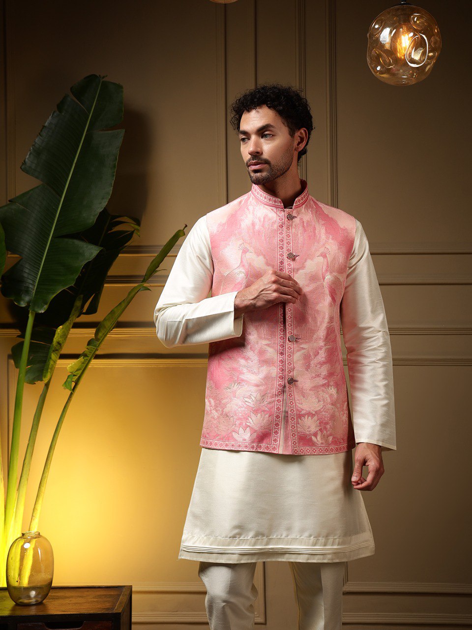 Pink Pure Soft Jacquard 3D Weaving Kurta Pajama with Koti Jacket