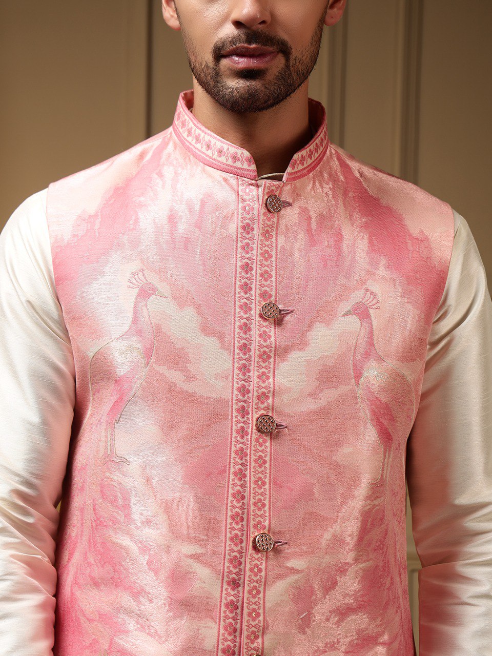 Pink Pure Soft Jacquard 3D Weaving Kurta Pajama with Koti Jacket