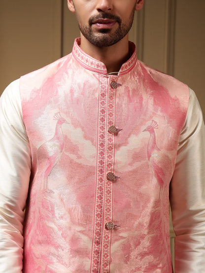 Pink Pure Soft Jacquard 3D Weaving Kurta Pajama with Koti Jacket