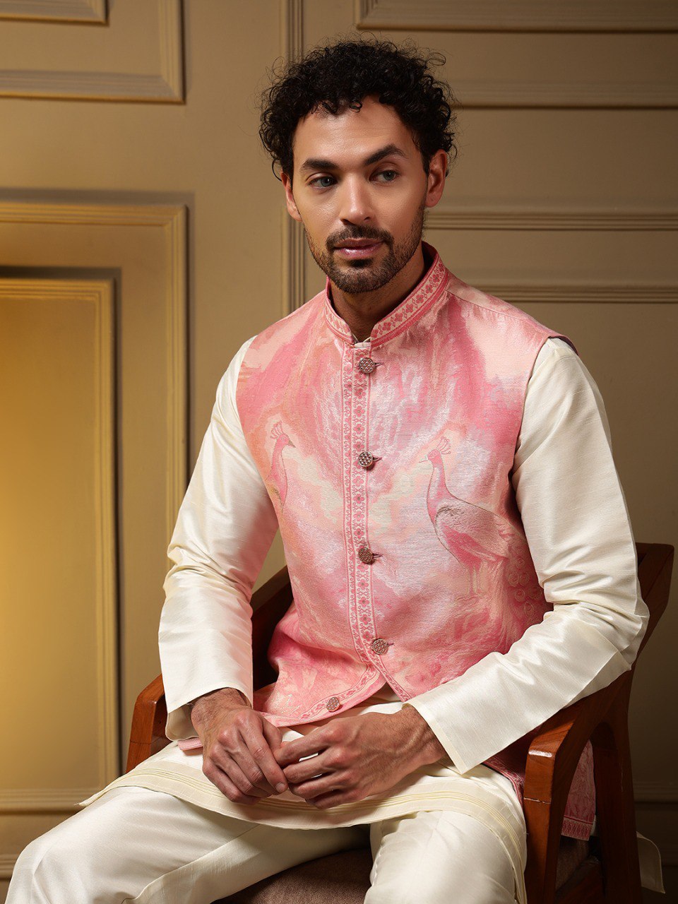 Pink Pure Soft Jacquard 3D Weaving Kurta Pajama with Koti Jacket