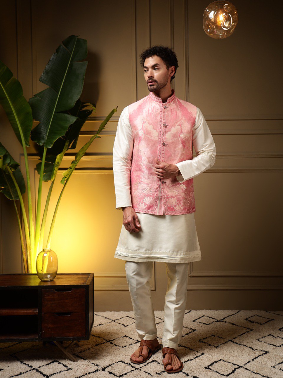 Pink Pure Soft Jacquard 3D Weaving Kurta Pajama with Koti Jacket