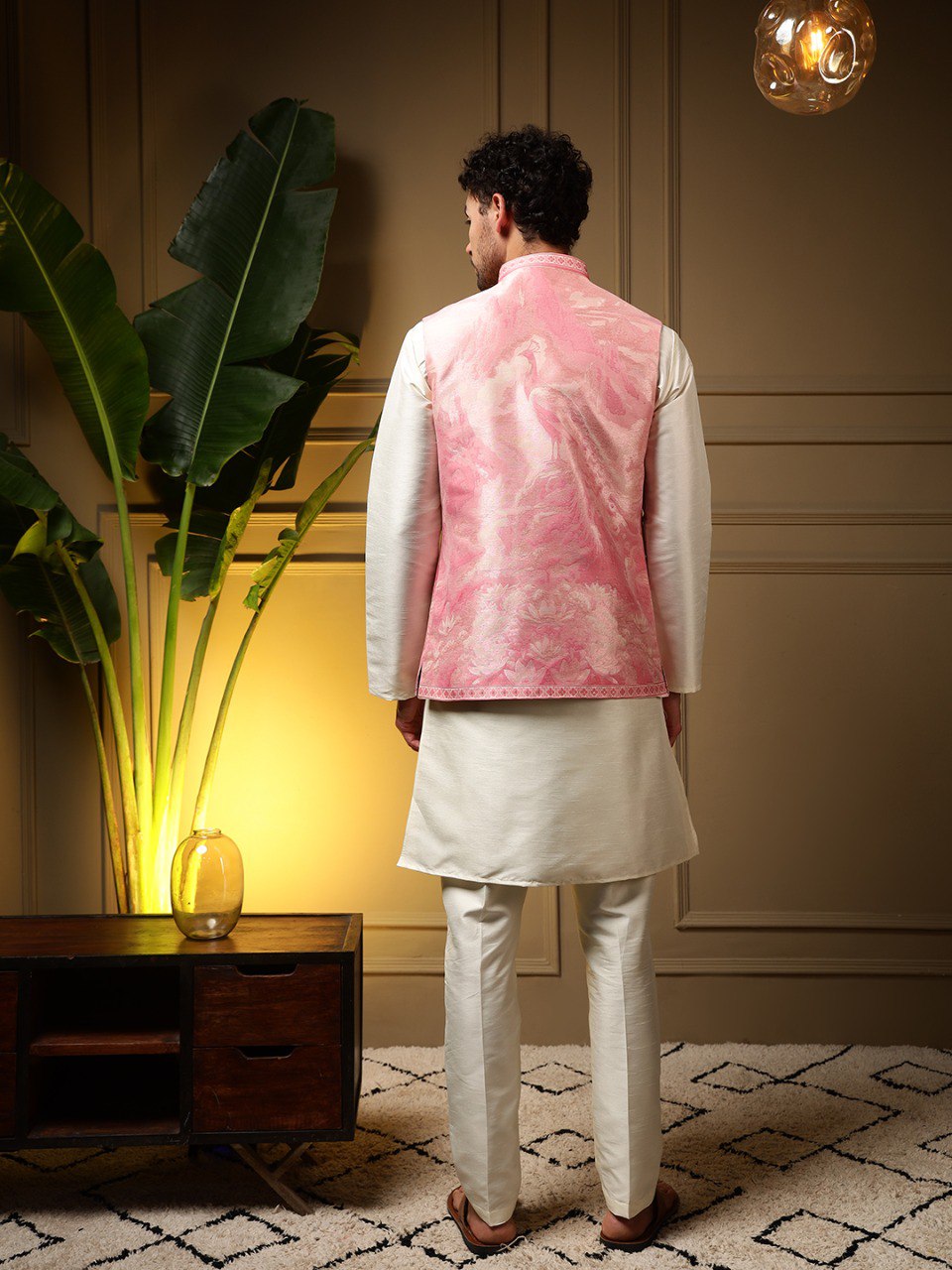 Pink Pure Soft Jacquard 3D Weaving Kurta Pajama with Koti Jacket