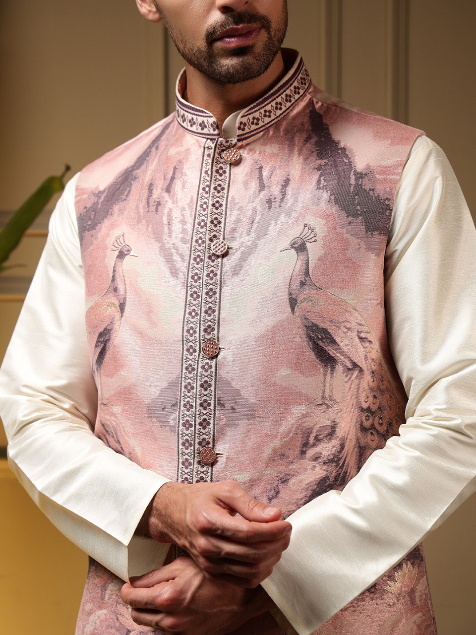 Beige Pure Soft Jacquard 3D Weaving Kurta Pajama with Koti Jacket