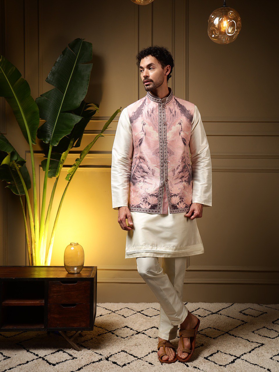 Beige Pure Soft Jacquard 3D Weaving Kurta Pajama with Koti Jacket