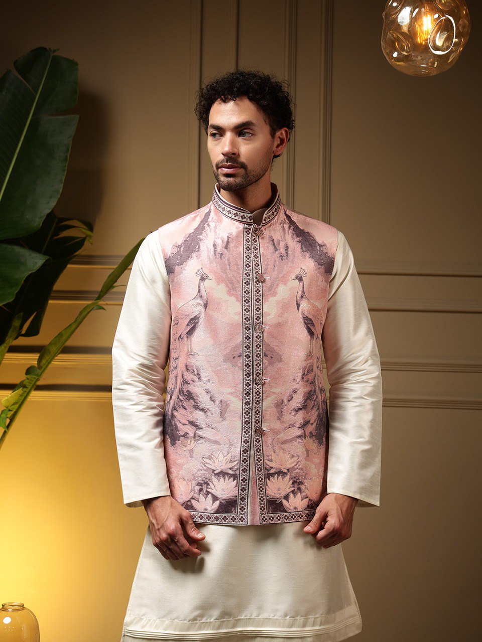 Beige Pure Soft Jacquard 3D Weaving Kurta Pajama with Koti Jacket