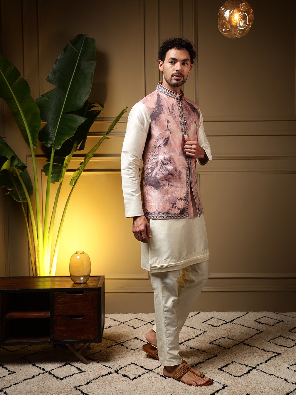 Beige Pure Soft Jacquard 3D Weaving Kurta Pajama with Koti Jacket