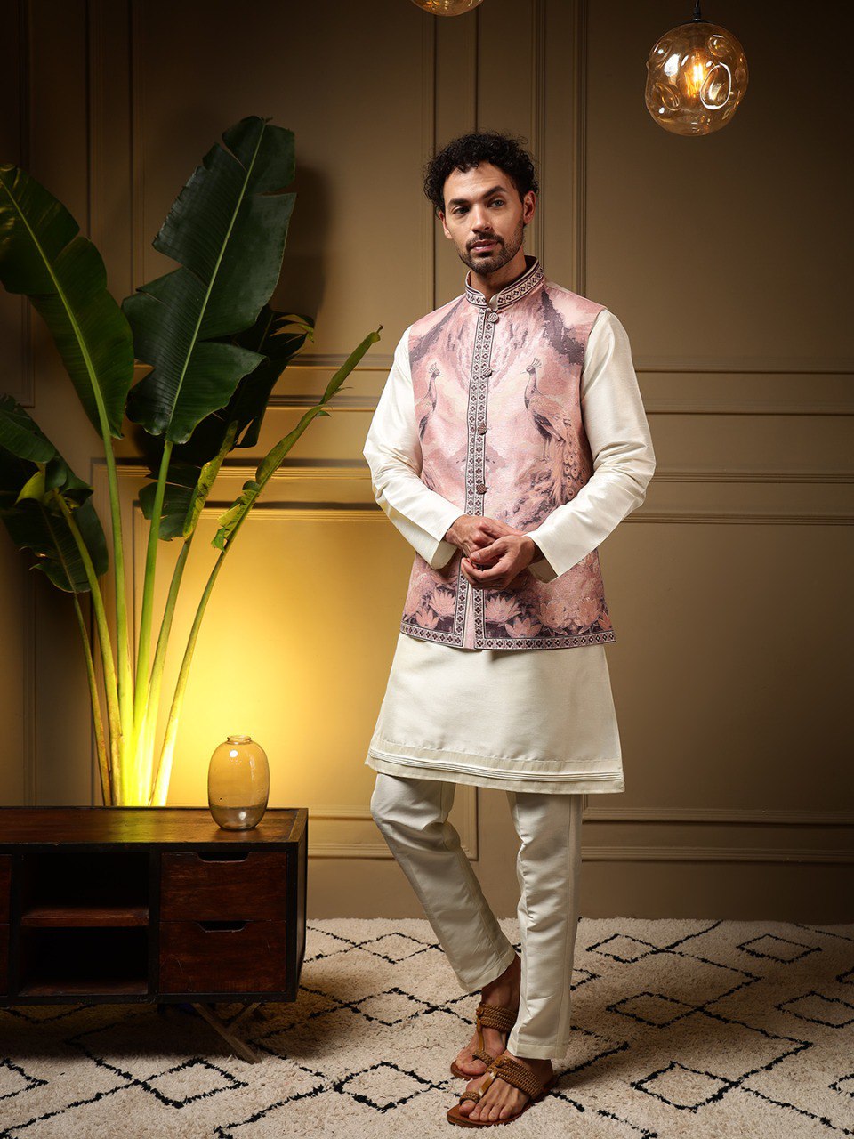 Beige Pure Soft Jacquard 3D Weaving Kurta Pajama with Koti Jacket