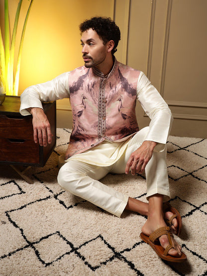 Beige Pure Soft Jacquard 3D Weaving Kurta Pajama with Koti Jacket