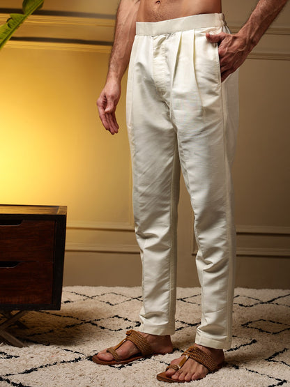 White Pure Soft Slub Silk Heavy Embroidery Work Kurta Pajama with Koti Jacket 