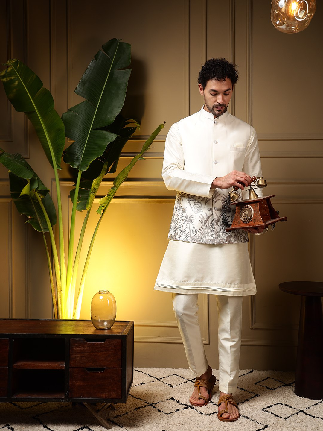 White Pure Soft Slub Silk Heavy Embroidery Work Kurta Pajama with Koti Jacket 
