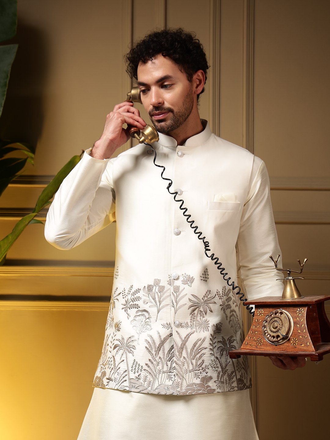 White Pure Soft Slub Silk Heavy Embroidery Work Kurta Pajama with Koti Jacket 