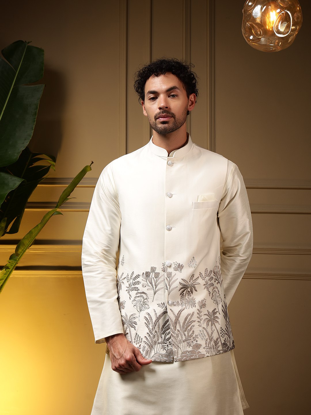 White Pure Soft Slub Silk Heavy Embroidery Work Kurta Pajama with Koti Jacket 
