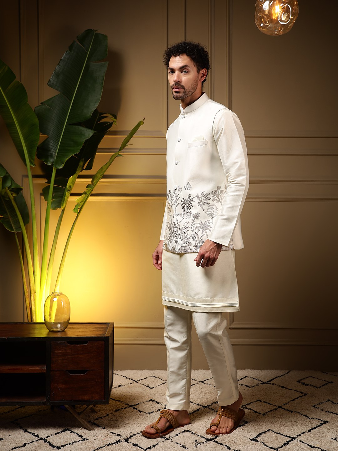 White Pure Soft Slub Silk Heavy Embroidery Work Kurta Pajama with Koti Jacket 