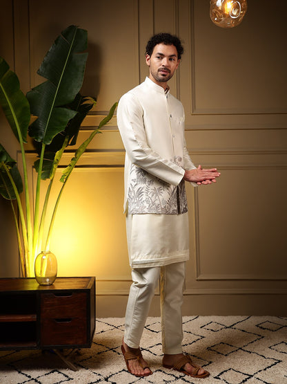 White Pure Soft Slub Silk Heavy Embroidery Work Kurta Pajama with Koti Jacket 