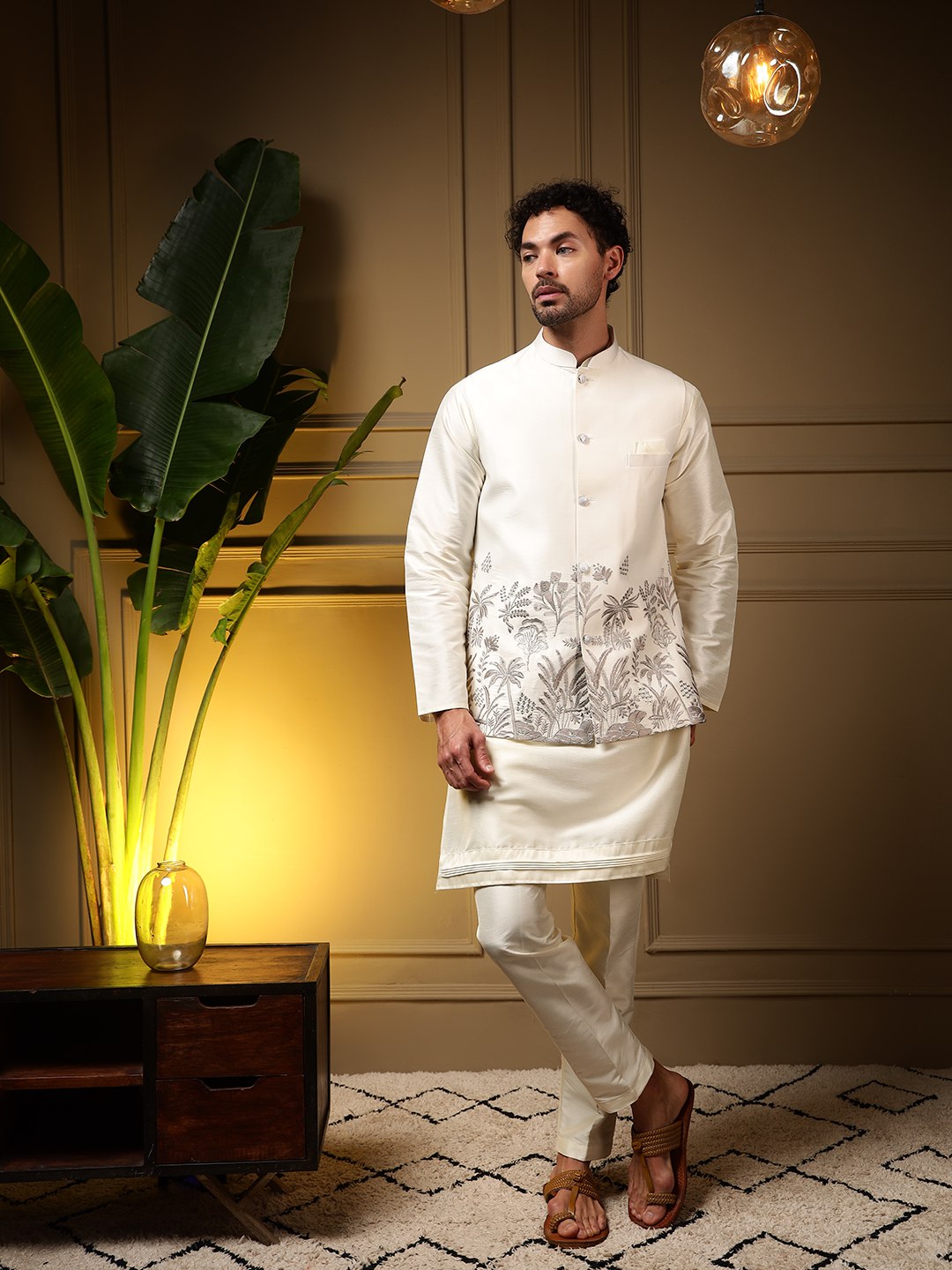 White Pure Soft Slub Silk Heavy Embroidery Work Kurta Pajama with Koti Jacket 