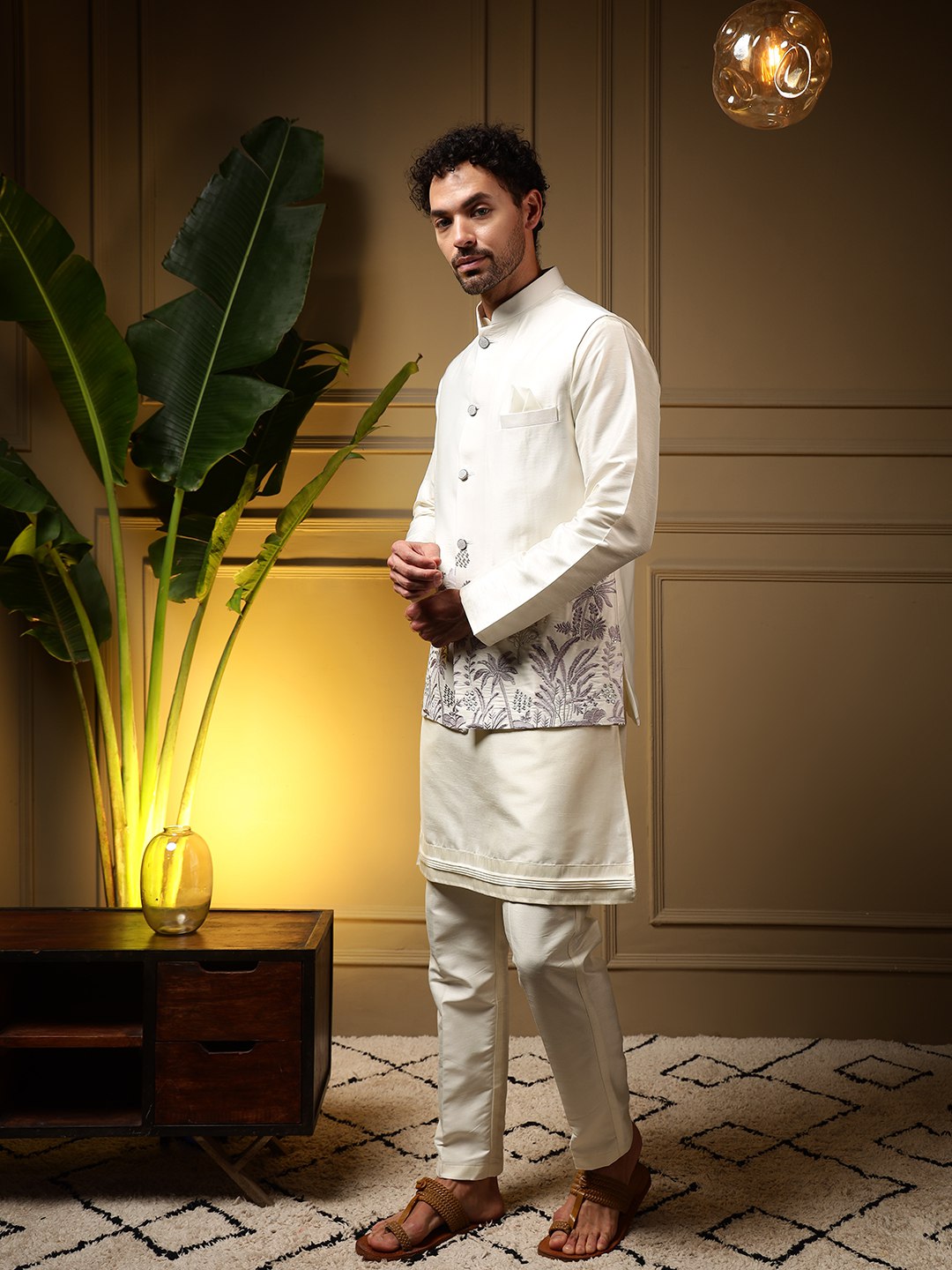 White Pure Soft Slub Silk Heavy Embroidery Work Kurta Pajama with Koti Jacket 