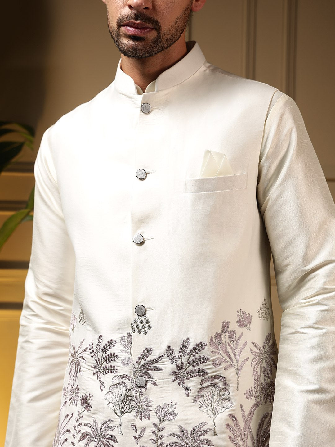 White Pure Soft Slub Silk Heavy Embroidery Work Kurta Pajama with Koti Jacket 