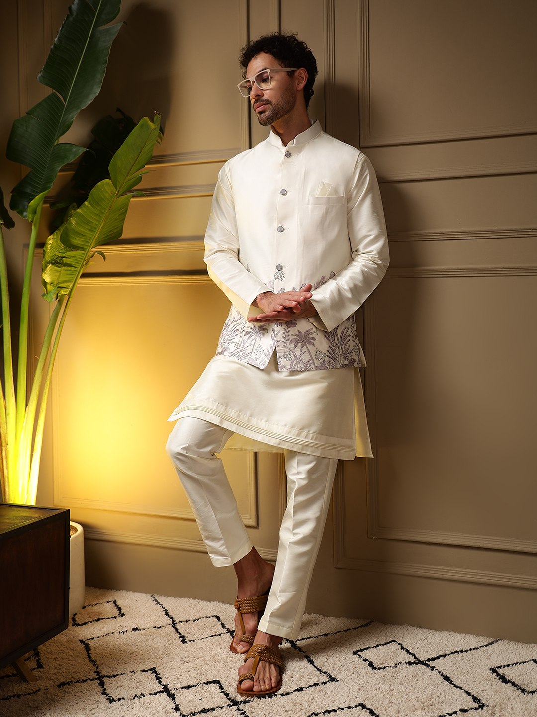 White Pure Soft Slub Silk Heavy Embroidery Work Kurta Pajama with Koti Jacket 