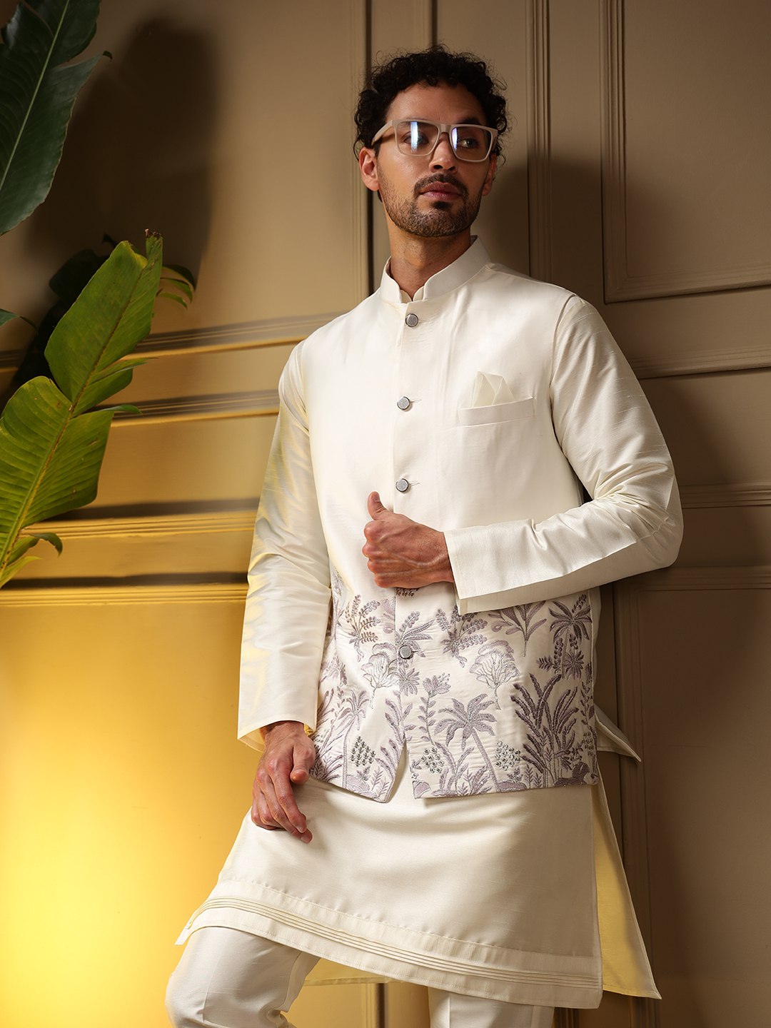 White Pure Soft Slub Silk Heavy Embroidery Work Kurta Pajama with Koti Jacket 