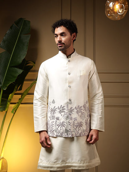 White Pure Soft Slub Silk Heavy Embroidery Work Kurta Pajama with Koti Jacket 