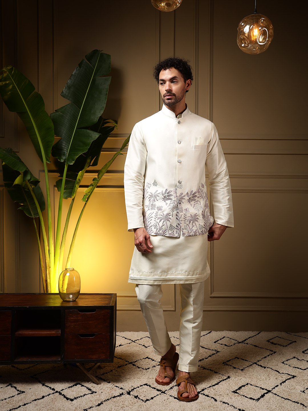 White Pure Soft Slub Silk Heavy Embroidery Work Kurta Pajama with Koti Jacket 