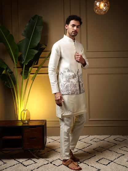 White Pure Soft Slub Silk Heavy Embroidery Work Kurta Pajama with Koti Jacket 