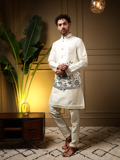 White Pure Soft Slub Silk Heavy Embroidery Work Kurta Pajama with Koti Jacket 