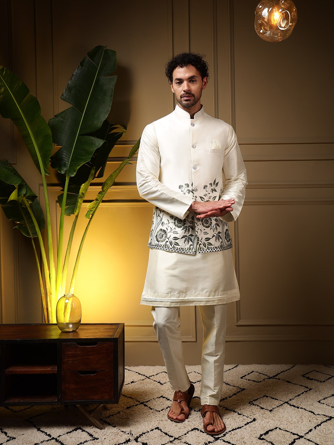 White Pure Soft Slub Silk Heavy Embroidery Work Kurta Pajama with Koti Jacket 