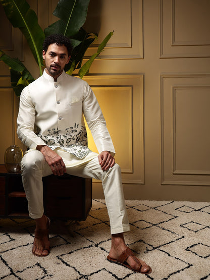 White Pure Soft Slub Silk Heavy Embroidery Work Kurta Pajama with Koti Jacket 