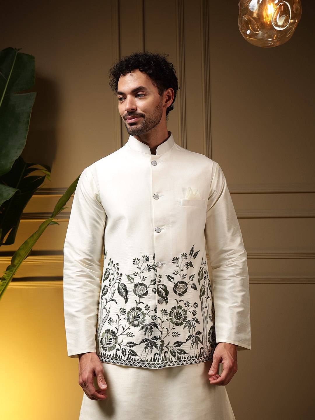 White Pure Soft Slub Silk Heavy Embroidery Work Kurta Pajama with Koti Jacket 