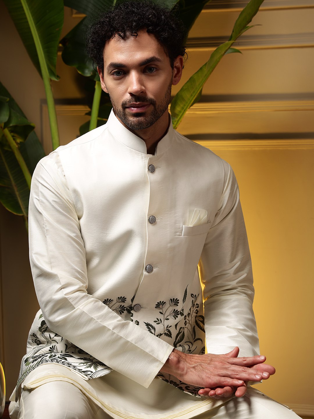 White Pure Soft Slub Silk Heavy Embroidery Work Kurta Pajama with Koti Jacket 