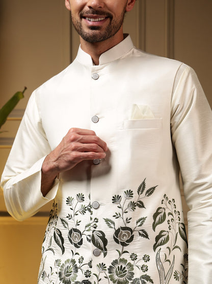 White Pure Soft Slub Silk Heavy Embroidery Work Kurta Pajama with Koti Jacket 